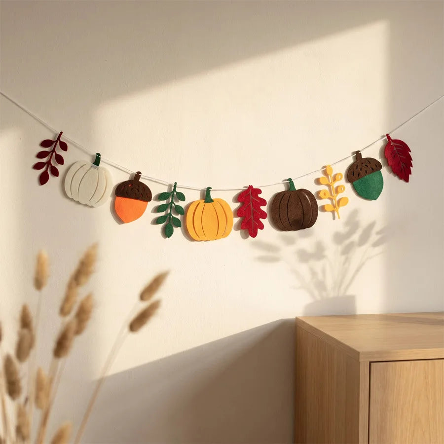 Halloween Fall Pumpkin Felt Garland Thanksgiving Autumn Leaf Acorn Banner Pre-Strung Hanging Decor for Mantel Wall Home Party