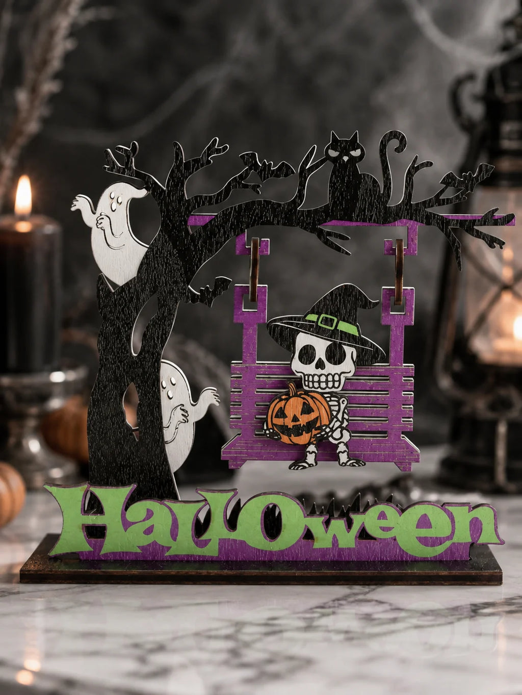 Halloween Wooden Table Decor, Ghost Skeleton Swing Ornament, Pumpkin Bat Spooky Party Home Decoration
