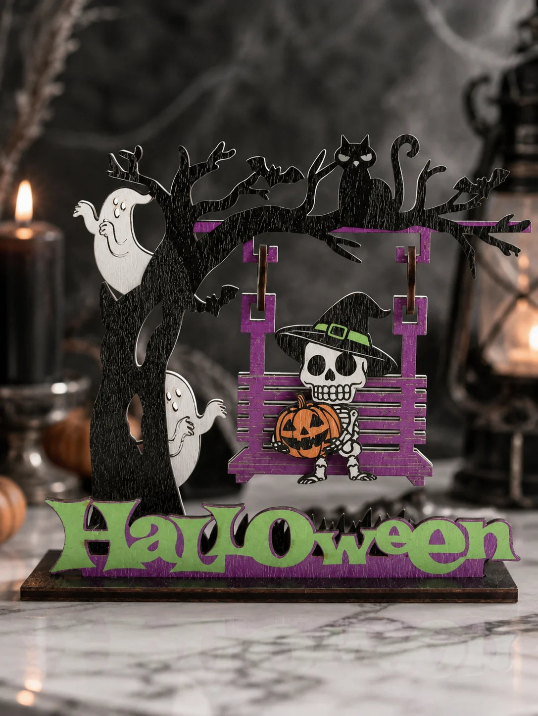 Halloween Wooden Table Decor, Ghost Skeleton Swing Ornament, Pumpkin Bat Spooky Party Home Decoration