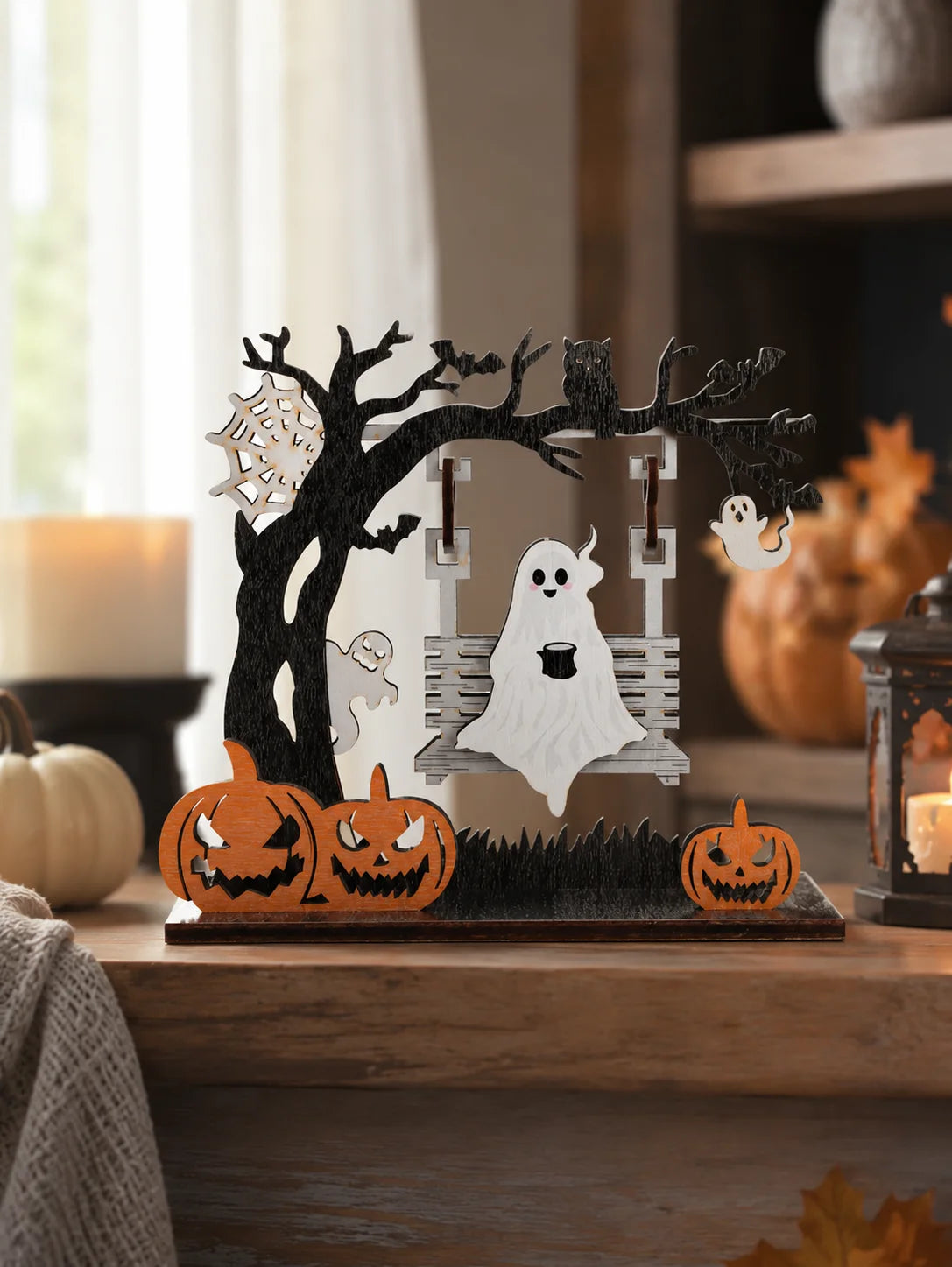 Halloween Wooden Table Decor, Ghost Skeleton Swing Ornament, Pumpkin Bat Spooky Party Home Decoration