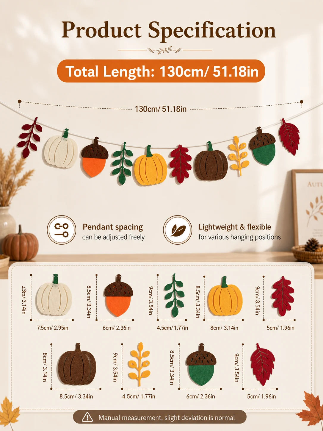 Halloween Fall Pumpkin Felt Garland Thanksgiving Autumn Leaf Acorn Banner Pre-Strung Hanging Decor for Mantel Wall Home Party