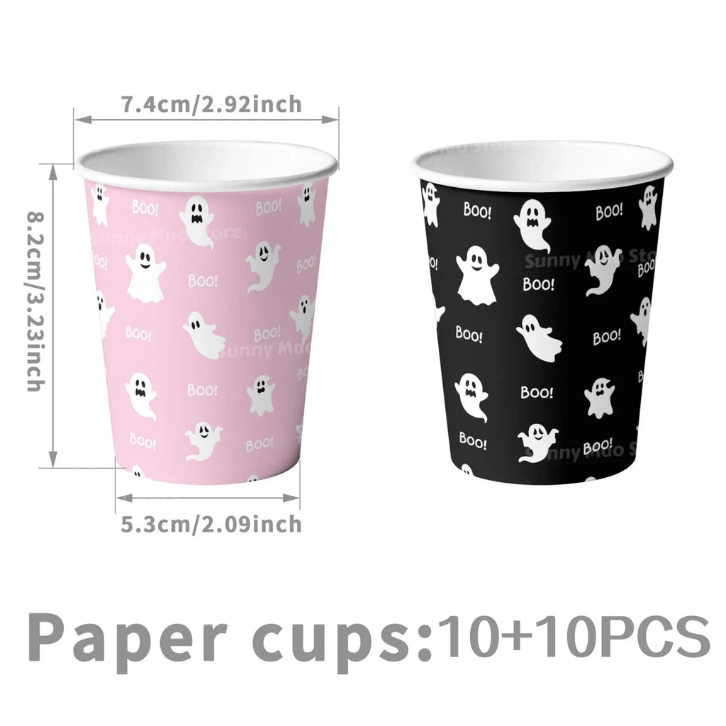 Halloween Ghost Boo Disposable Tableware Set Cute Pink Black Theme Plates Cups Napkins Girl Halloween Birthday Party Decorations