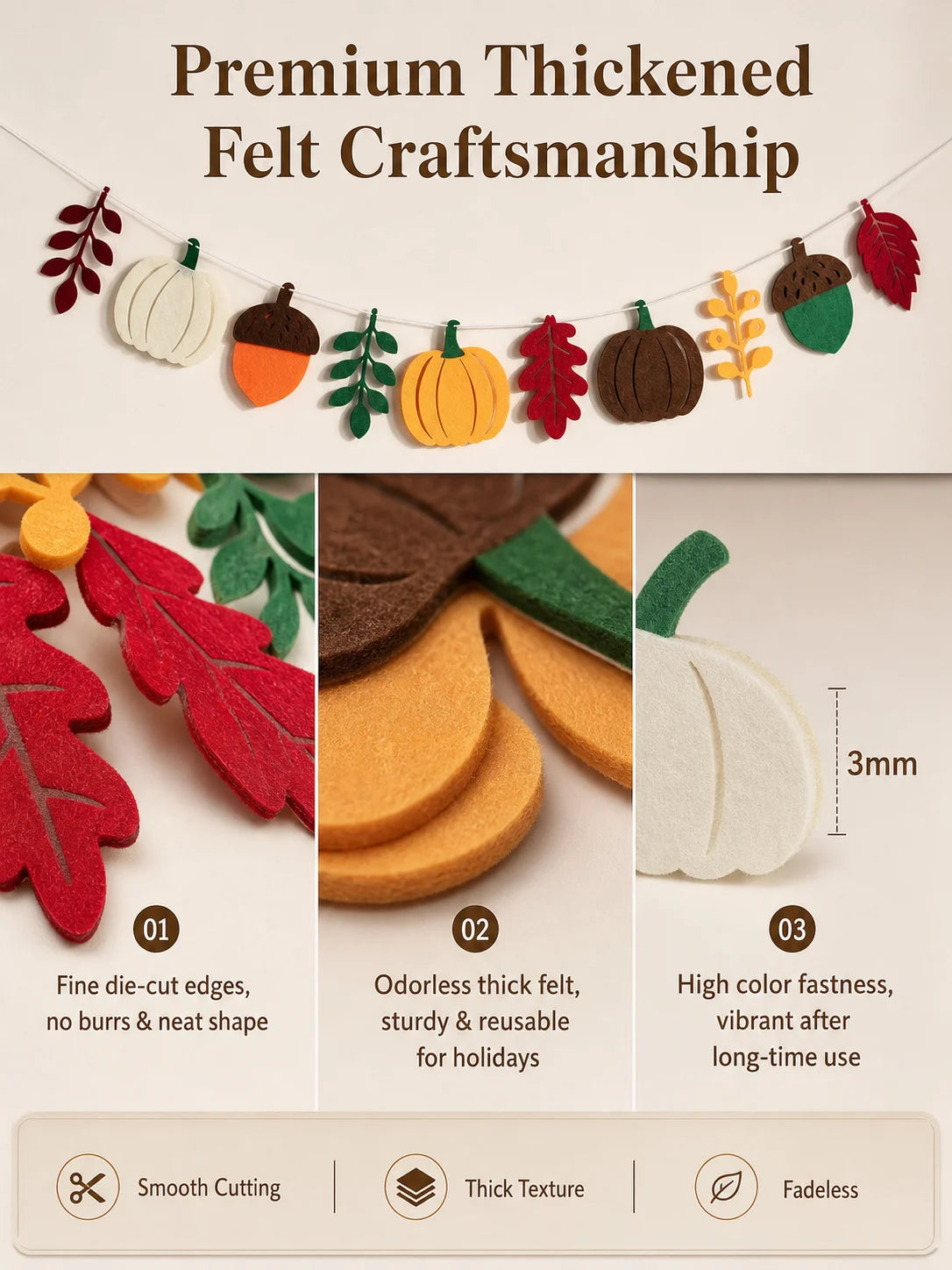 Halloween Fall Pumpkin Felt Garland Thanksgiving Autumn Leaf Acorn Banner Pre-Strung Hanging Decor for Mantel Wall Home Party