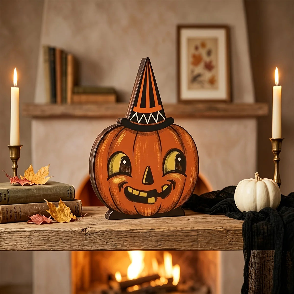 Halloween Decor Indoor,Retro Wooden Block for Shelf Decoration,Cute Ghost,Pumpkin,Black Cat,Skeleton,Witch Owl,Housewarming Gift