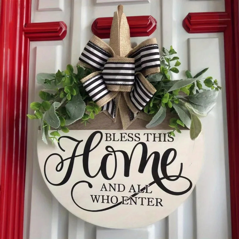 Round Flower Wreath Wooden Welcome Hanging Ornament For Front Door Outdoor Fall Decor Welcome Bow Knot Christmas Decoration