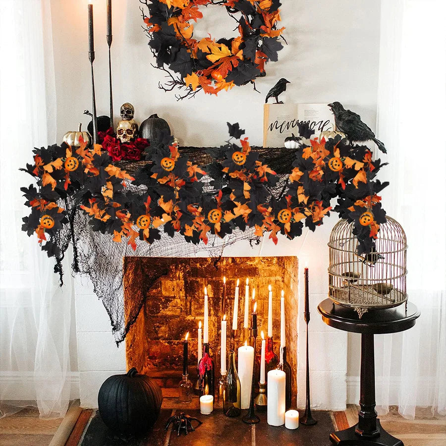 Halloween Garland Decorations Black Fall Leaves Vine with 3D Pumpkin Thanksgiving Harvest Festival Home Fireplace Mantle Decor