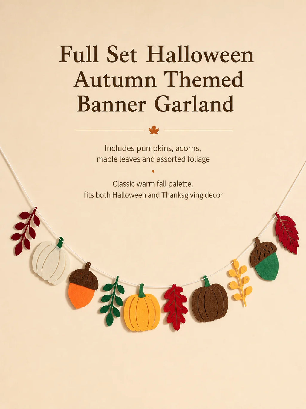 Halloween Fall Pumpkin Felt Garland Thanksgiving Autumn Leaf Acorn Banner Pre-Strung Hanging Decor for Mantel Wall Home Party