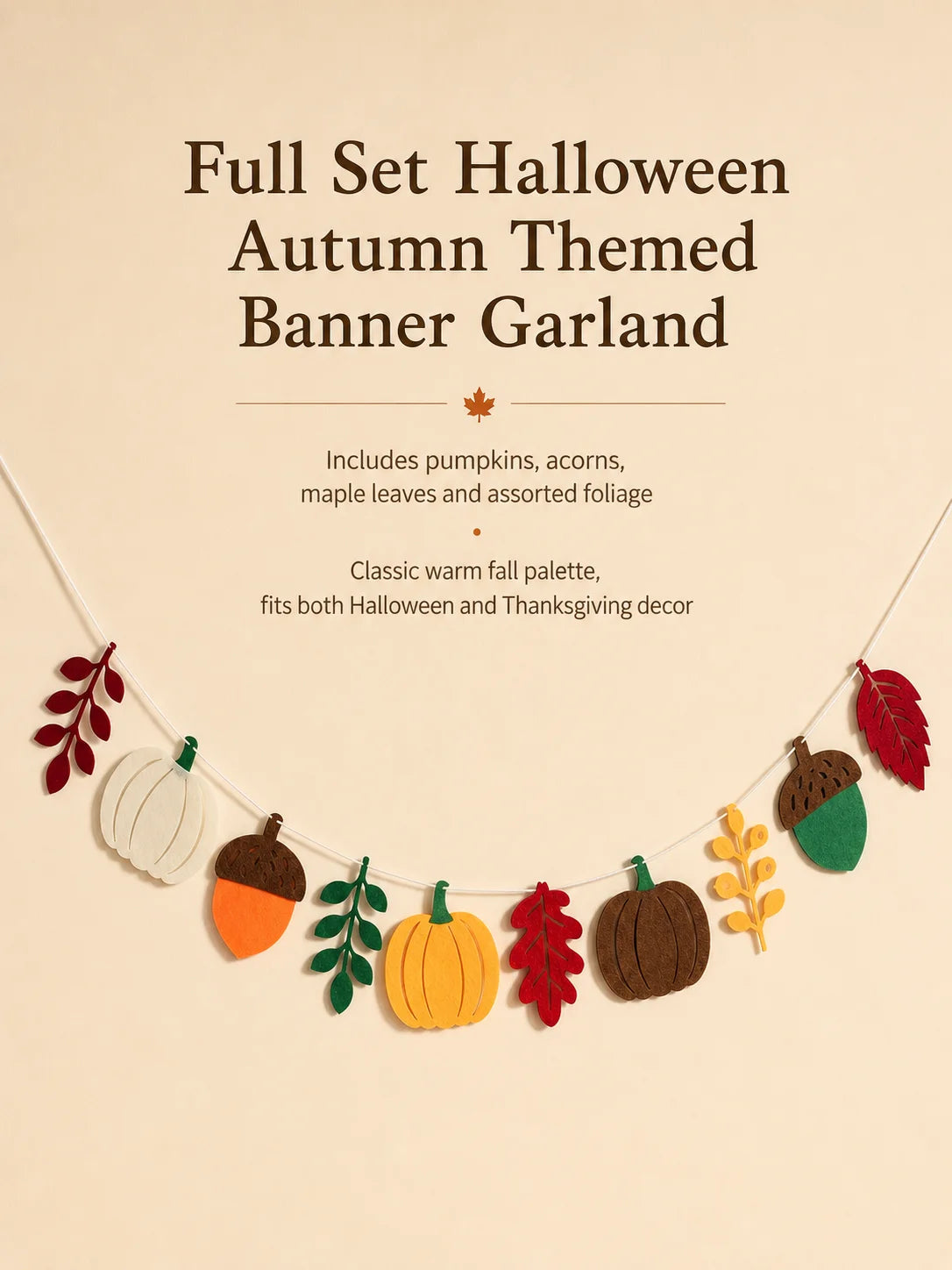 Halloween Fall Pumpkin Felt Garland Thanksgiving Autumn Leaf Acorn Banner Pre-Strung Hanging Decor for Mantel Wall Home Party
