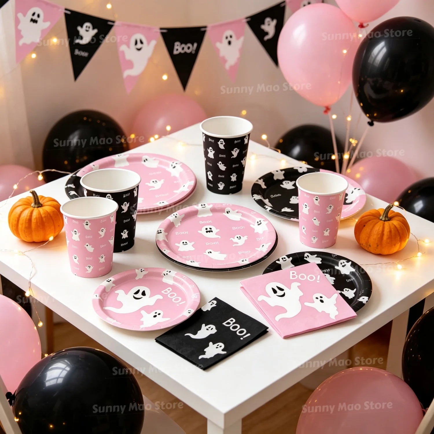 Halloween Ghost Boo Disposable Tableware Set Cute Pink Black Theme Plates Cups Napkins Girl Halloween Birthday Party Decorations