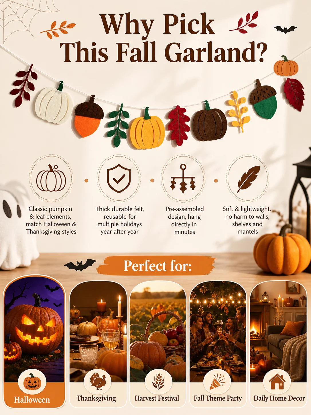 Halloween Fall Pumpkin Felt Garland Thanksgiving Autumn Leaf Acorn Banner Pre-Strung Hanging Decor for Mantel Wall Home Party