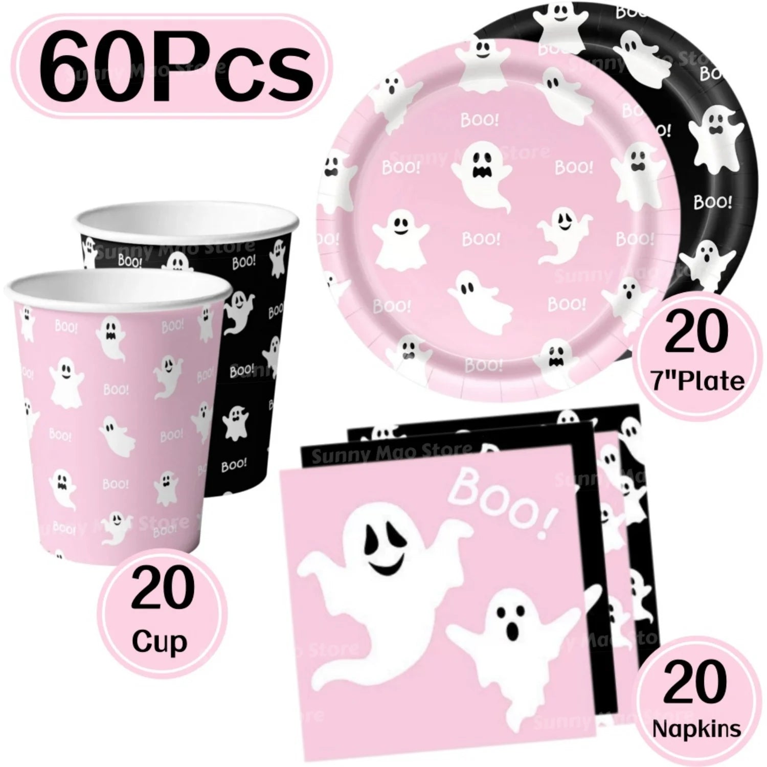 Halloween Ghost Boo Disposable Tableware Set Cute Pink Black Theme Plates Cups Napkins Girl Halloween Birthday Party Decorations
