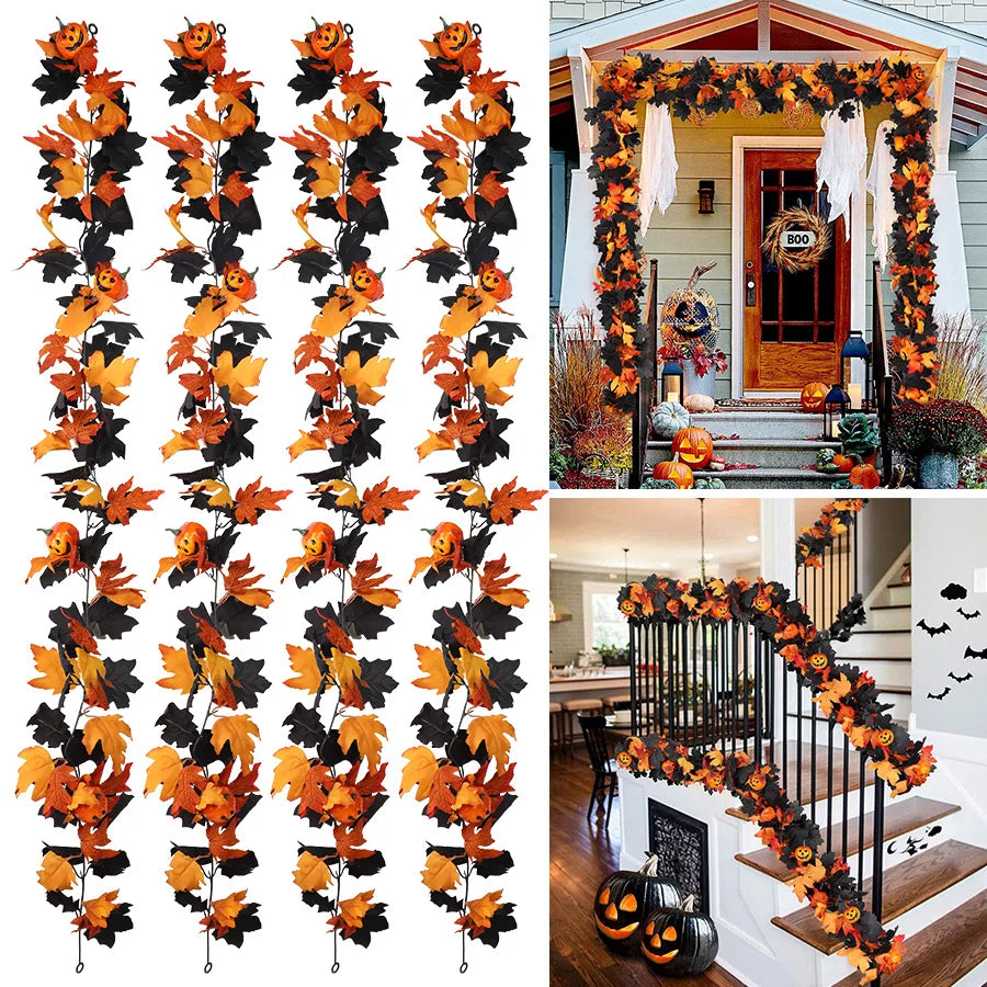 Halloween Garland Decorations Black Fall Leaves Vine with 3D Pumpkin Thanksgiving Harvest Festival Home Fireplace Mantle Decor
