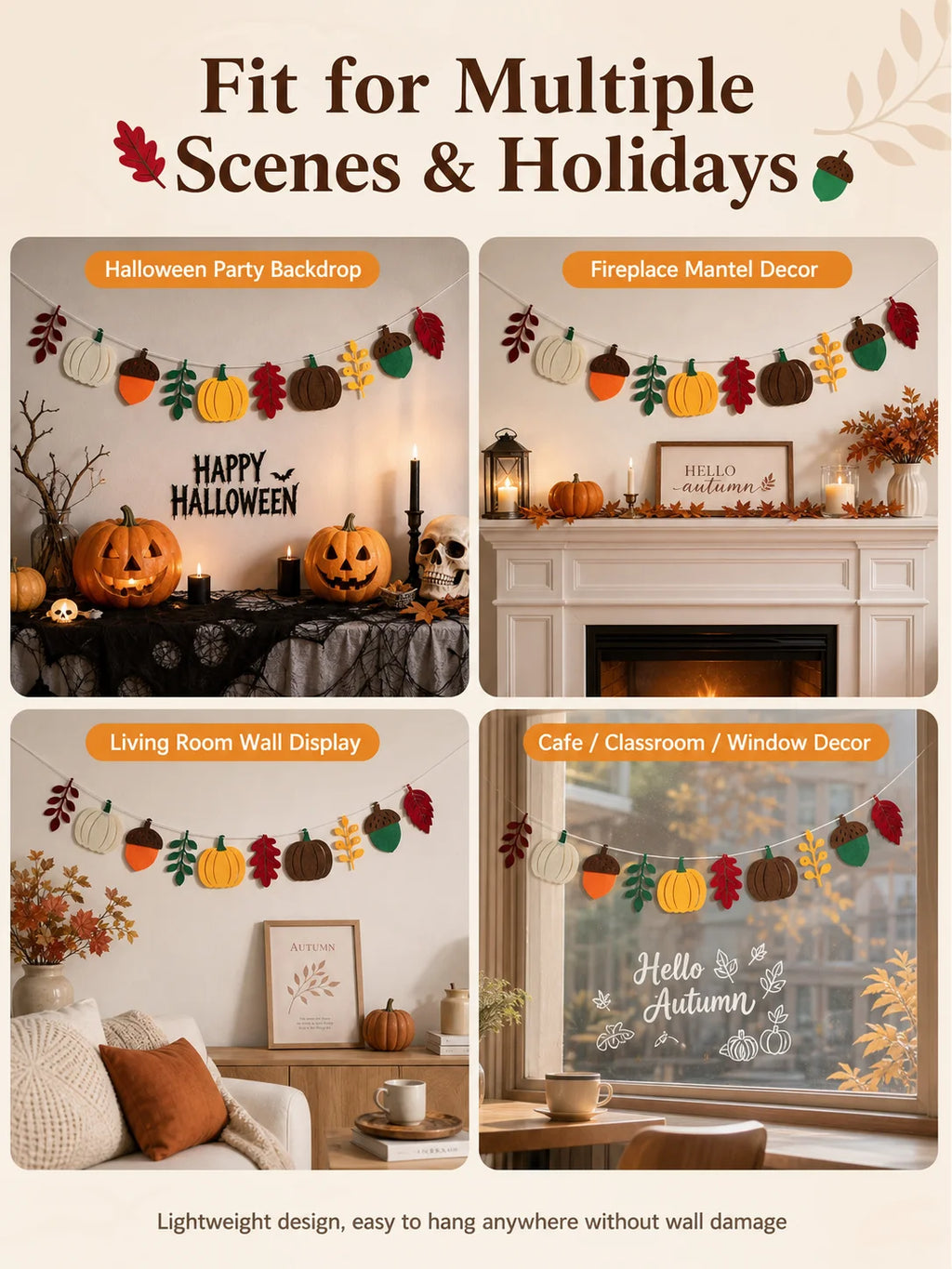 Halloween Fall Pumpkin Felt Garland Thanksgiving Autumn Leaf Acorn Banner Pre-Strung Hanging Decor for Mantel Wall Home Party
