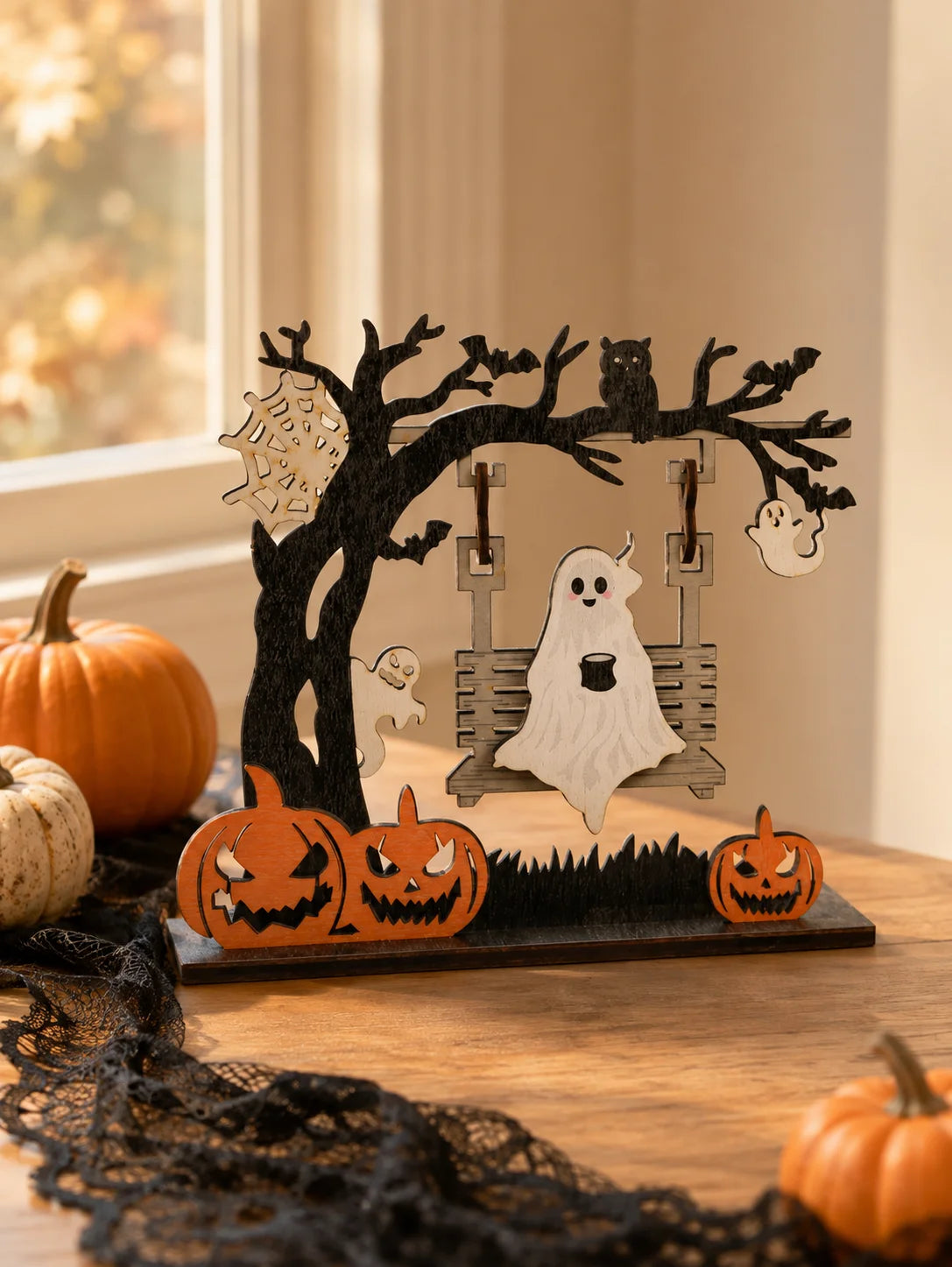 Halloween Wooden Table Decor, Ghost Skeleton Swing Ornament, Pumpkin Bat Spooky Party Home Decoration