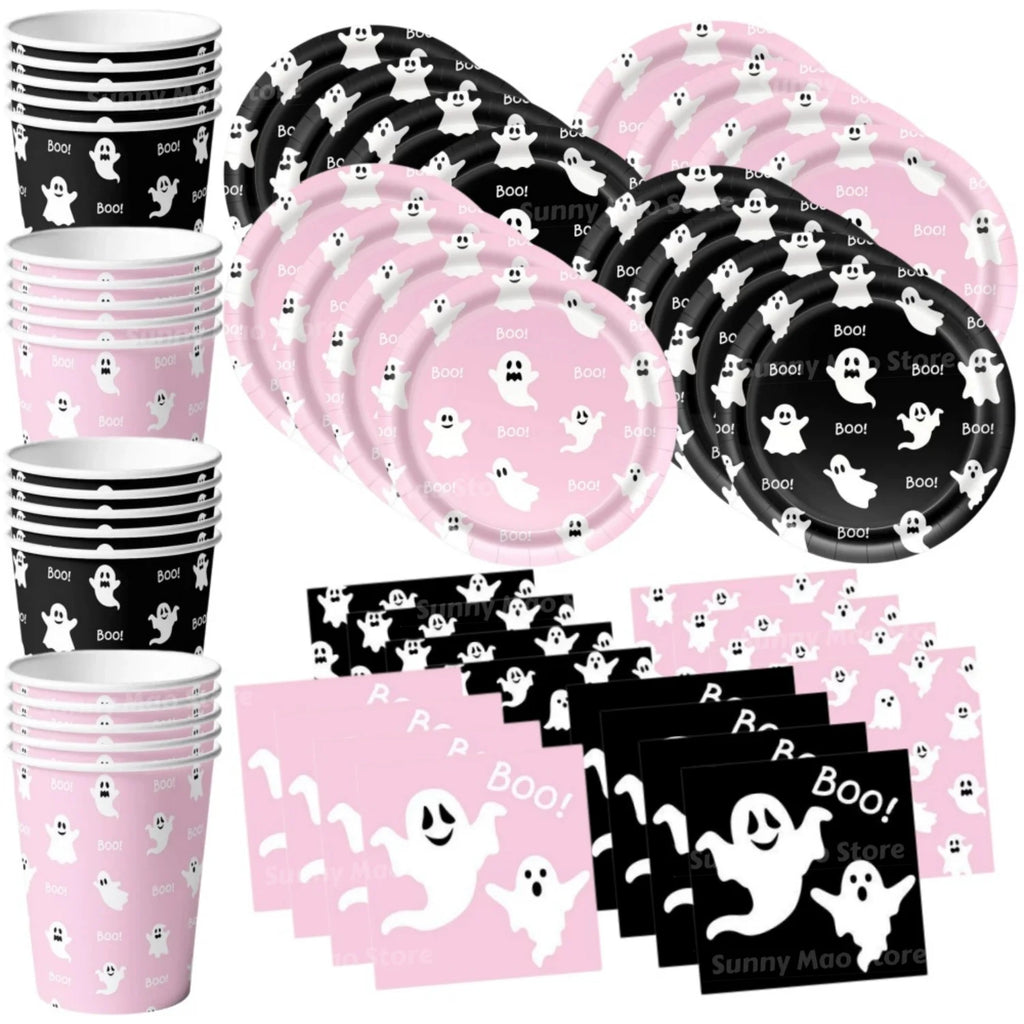 Halloween Ghost Boo Disposable Tableware Set Cute Pink Black Theme Plates Cups Napkins Girl Halloween Birthday Party Decorations