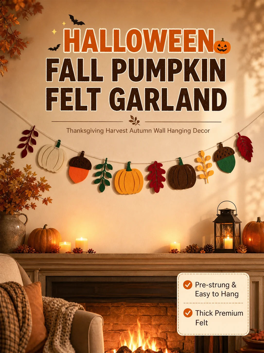 Halloween Fall Pumpkin Felt Garland Thanksgiving Autumn Leaf Acorn Banner Pre-Strung Hanging Decor for Mantel Wall Home Party