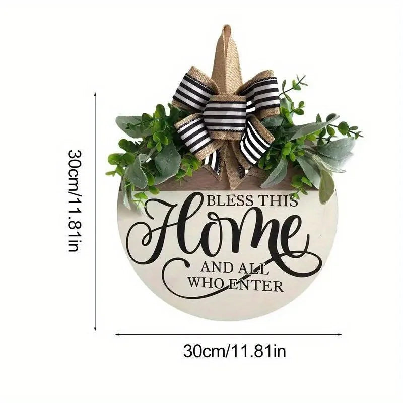 Round Flower Wreath Wooden Welcome Hanging Ornament For Front Door Outdoor Fall Decor Welcome Bow Knot Christmas Decoration