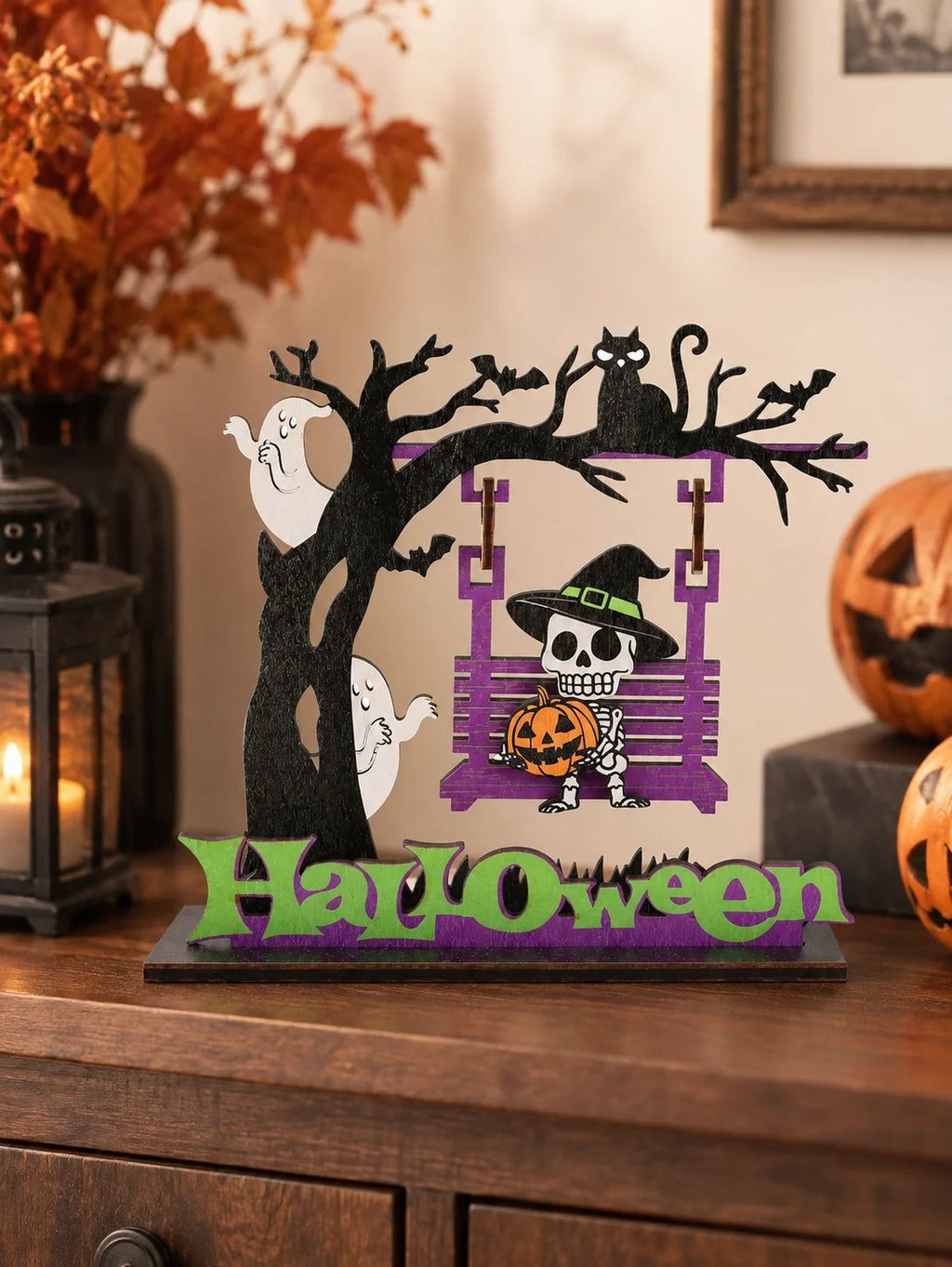 Halloween Wooden Table Decor, Ghost Skeleton Swing Ornament, Pumpkin Bat Spooky Party Home Decoration