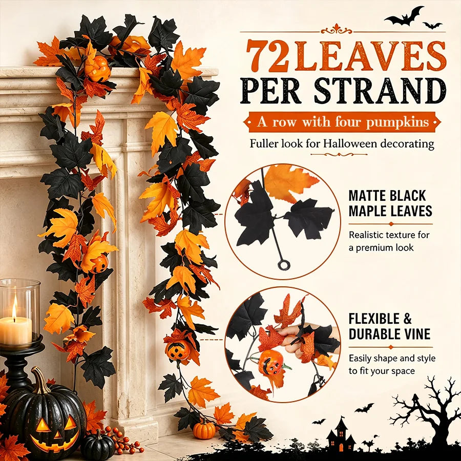 Halloween Garland Decorations Black Fall Leaves Vine with 3D Pumpkin Thanksgiving Harvest Festival Home Fireplace Mantle Decor