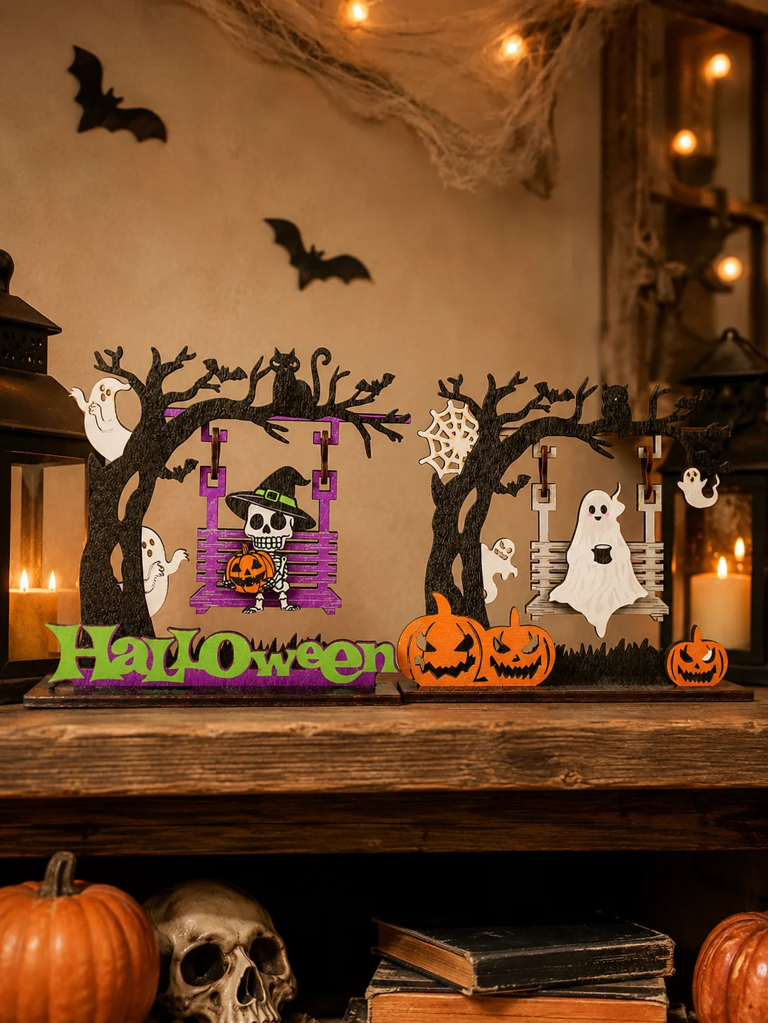 Halloween Wooden Table Decor, Ghost Skeleton Swing Ornament, Pumpkin Bat Spooky Party Home Decoration