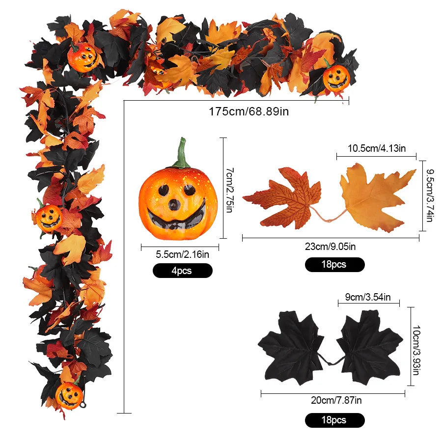 Halloween Garland Decorations Black Fall Leaves Vine with 3D Pumpkin Thanksgiving Harvest Festival Home Fireplace Mantle Decor