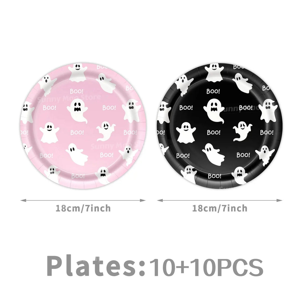 Halloween Ghost Boo Disposable Tableware Set Cute Pink Black Theme Plates Cups Napkins Girl Halloween Birthday Party Decorations